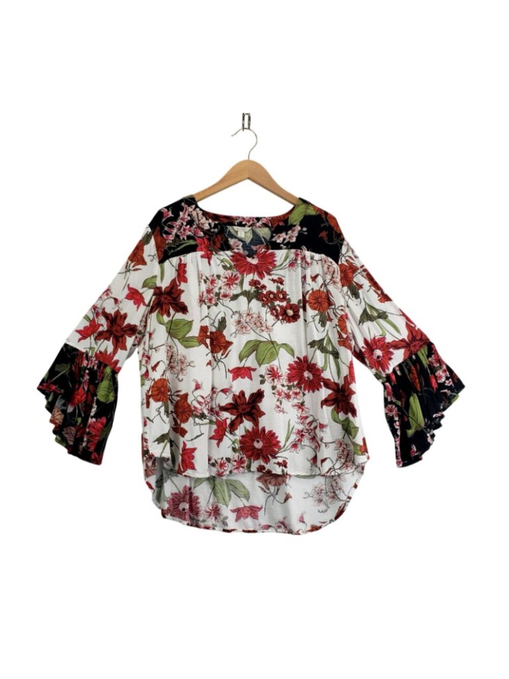 Floral Tunic Top XL by Est1946 Three-Qarter Bell Sleeves White Black Red Cottage